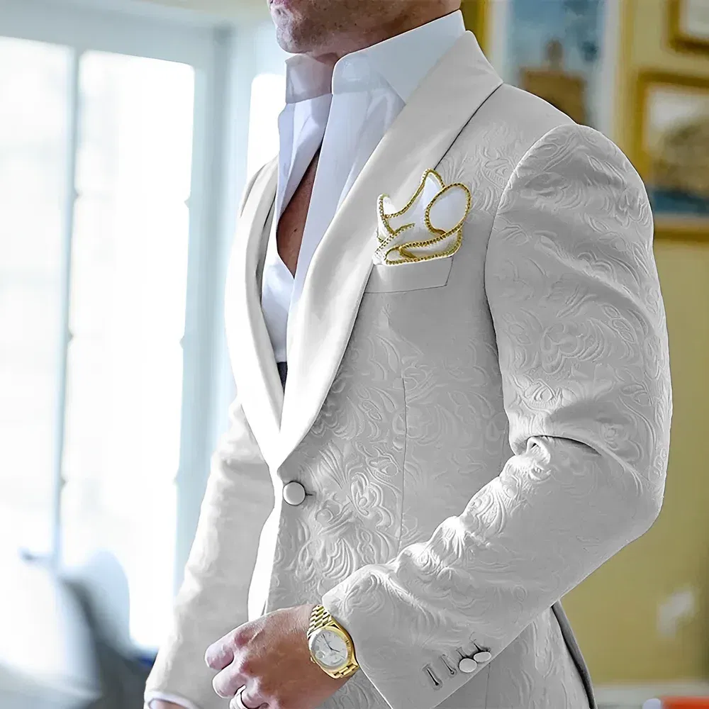 Jacquard Gray Men's Suit 2 Piece Set Patterned Jacket Pants Wedding Groom Tuxedo Fashion Design Blazer Slim Fit Outfit