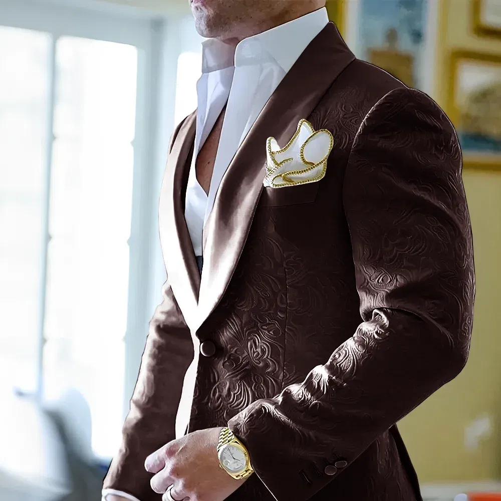 Jacquard Gray Men's Suit 2 Piece Set Patterned Jacket Pants Wedding Groom Tuxedo Fashion Design Blazer Slim Fit Outfit