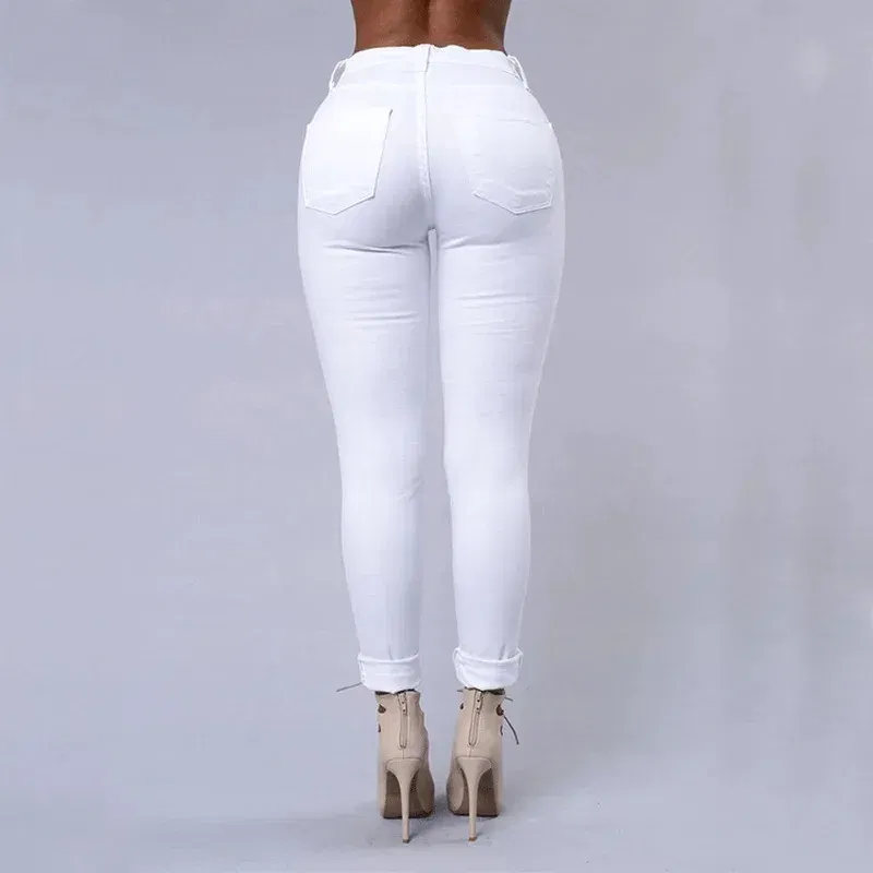 Color: WHITE, Size: L - Women's Ripped Tight Sexy Large Size Skinny Pants Jeans for Women