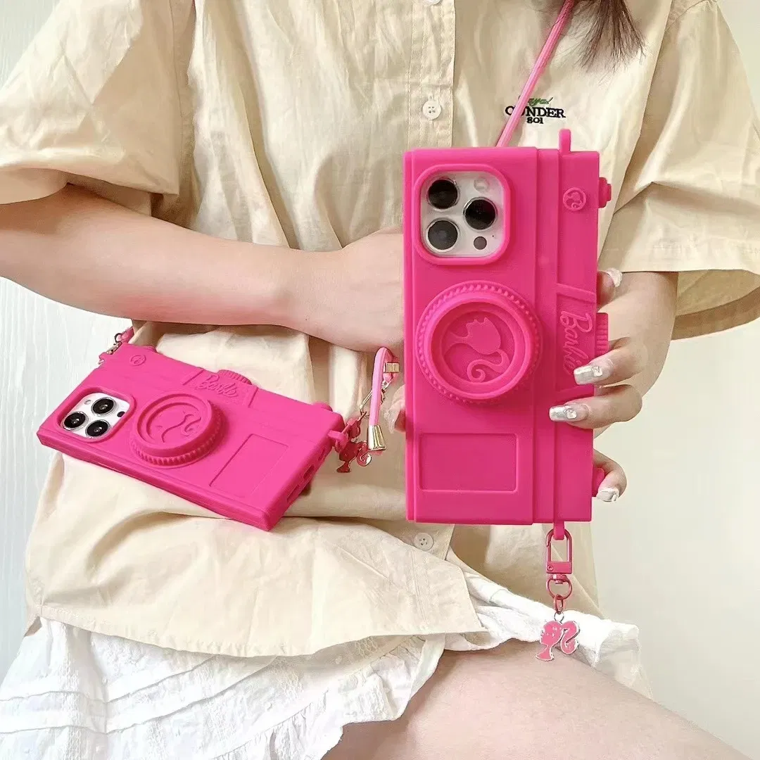 Material: Canvas, Color: Beige - Pink Camera Case For iPhone 15 14 13 12 11 Pro Max Kawaii Fashion Case Fashion Pendant Cute Girl