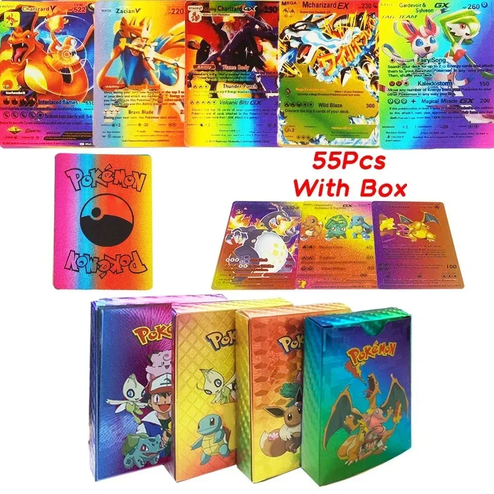 Color: DARK GRAY - 55PCS Pokemon Colorful Gold Foil Card Charizard Pikachu Arceus Diamond Rainbow English French German Spanish VSTAR GX VMAX Cards
