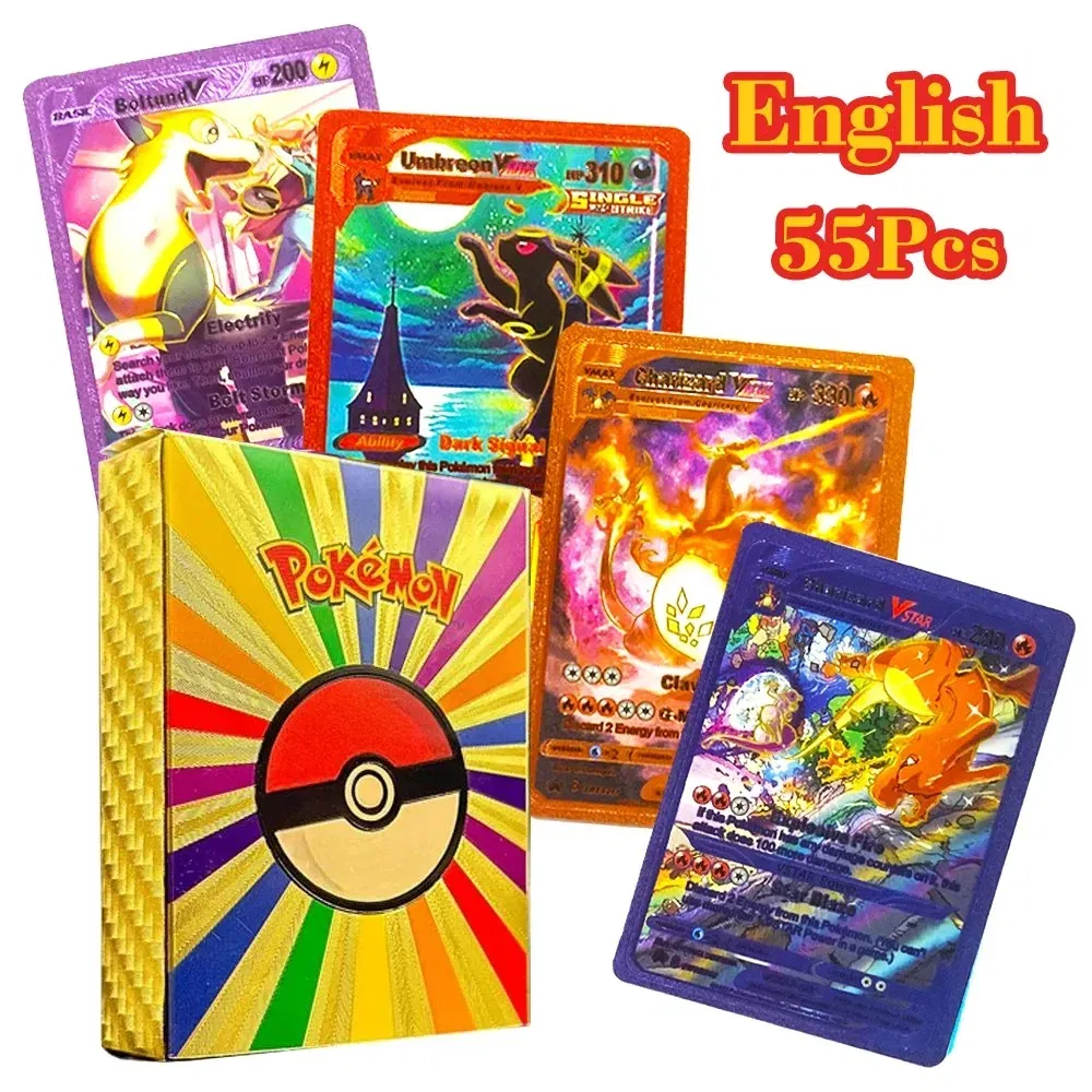 Color: DARK GRAY - 55PCS Pokemon Colorful Gold Foil Card Charizard Pikachu Arceus Diamond Rainbow English French German Spanish VSTAR GX VMAX Cards