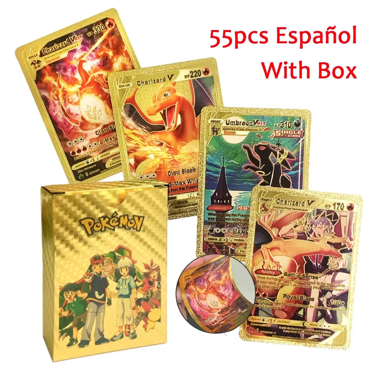 Color: DARK GRAY - 55PCS Pokemon Colorful Gold Foil Card Charizard Pikachu Arceus Diamond Rainbow English French German Spanish VSTAR GX VMAX Cards