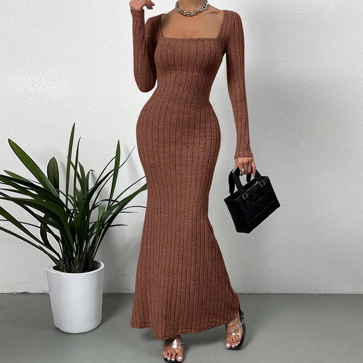 Color: GRAY, Size: M - Women's Sexy Square Neck Mid-Length Knitted Dress Slim Fit Retro Long-Sleeved Wrap Hip Robe for Fall