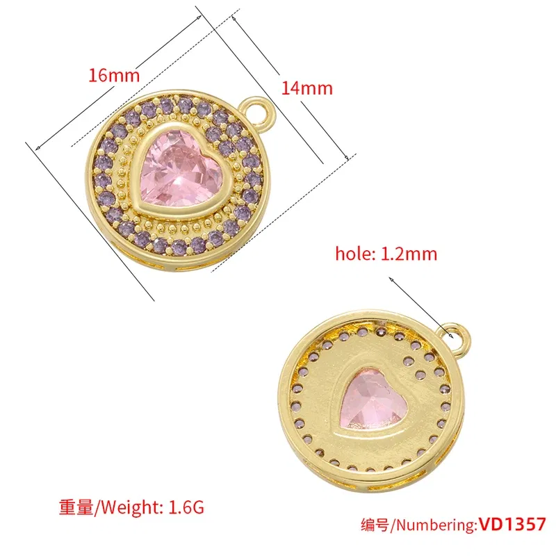 Metal color: Imitation Rhodium Plated - ZHUKOU Round jewelry pendants Pink Heart Cubic Zirconia charms for jewelry making Brass accessories Supplies for jewelry VD1357