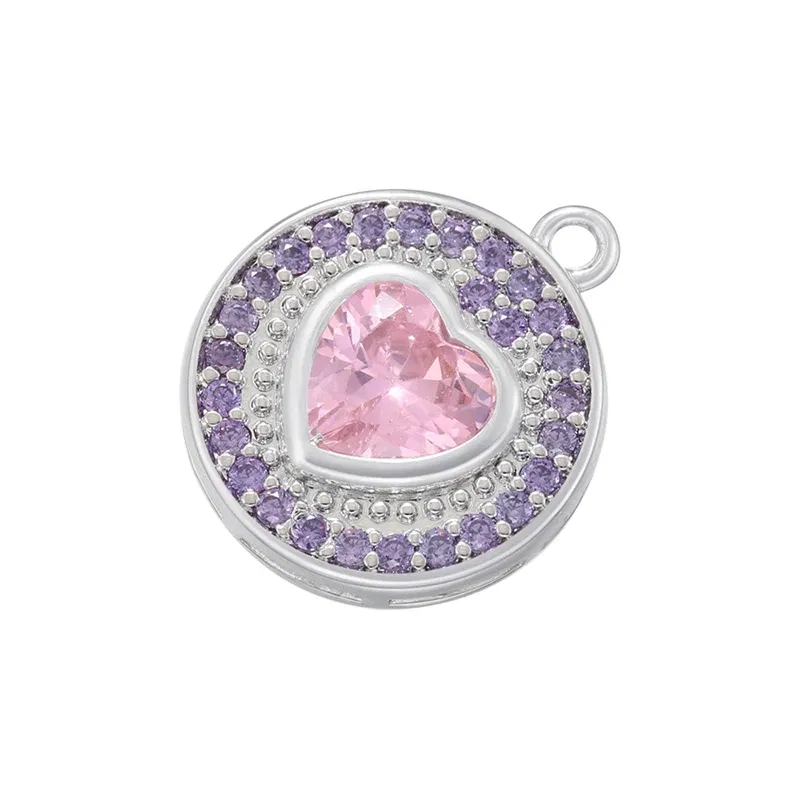 Metal color: Imitation Rhodium Plated - ZHUKOU Round jewelry pendants Pink Heart Cubic Zirconia charms for jewelry making Brass accessories Supplies for jewelry VD1357