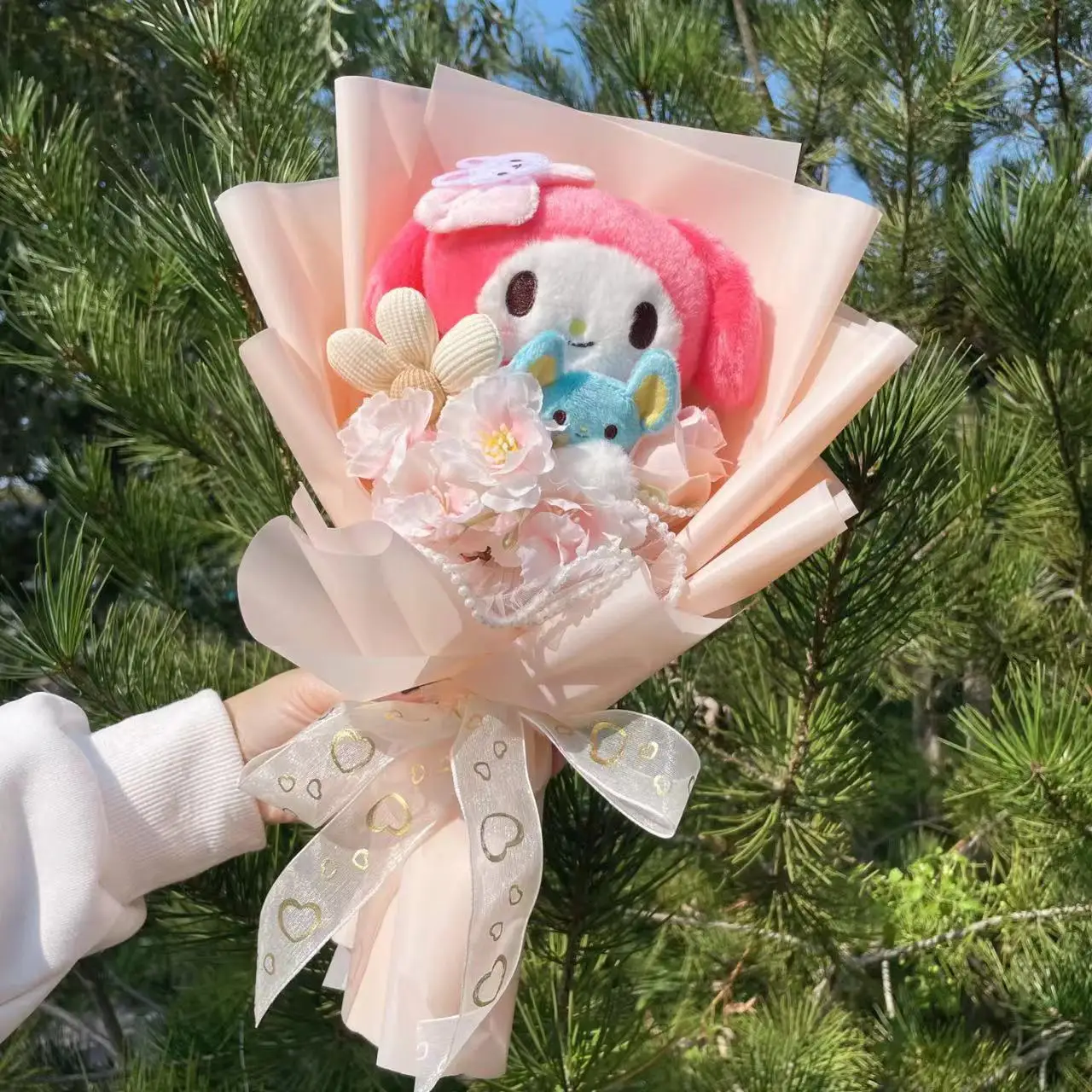 Color: green - My Melody Kuromi Cinnamoroll Hello Kitty Plush Doll Toys Creative Handmade Sanrio Bouquet Valentine Christmas Graduation Gifts