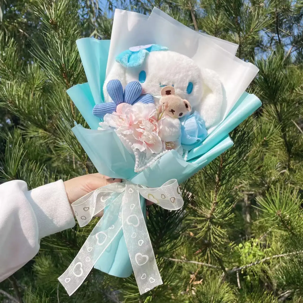 Color: green - My Melody Kuromi Cinnamoroll Hello Kitty Plush Doll Toys Creative Handmade Sanrio Bouquet Valentine Christmas Graduation Gifts