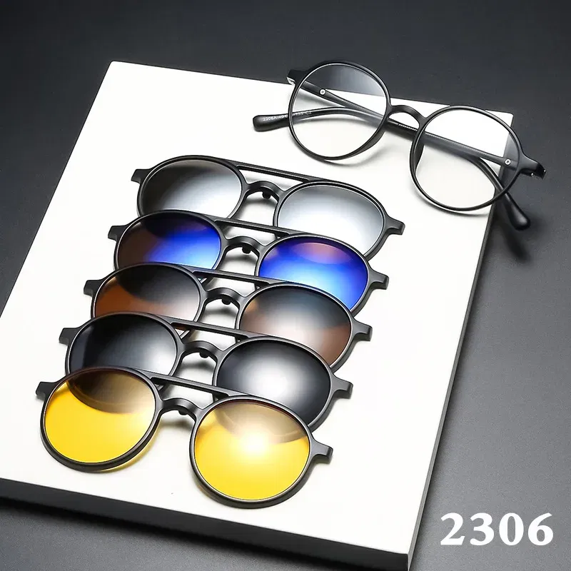 Lenses Color: Burgundy, Ships From: CHINA, Frame Color: WHITE - 6 In 1 Magnetic Clip Sunglasses And Prescription Glasses Frame Men Women Polarized or Night Vision Lenses PC or TR90 Frame 2333