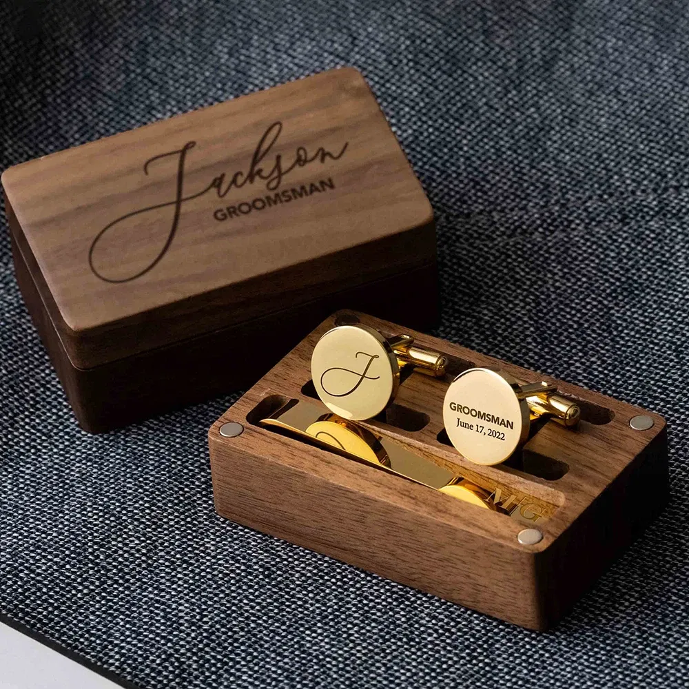 Color: Deep Sapphire, Size: L - Custom Metal Cufflinks Tie Clip & Rectangle Gift Box Engraved Gift for Dad and Groomsmen Personalized Best Man Cufflinks Set