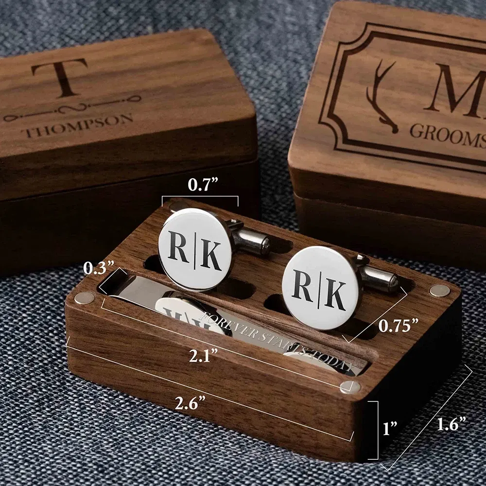 Color: Deep Sapphire, Size: L - Custom Metal Cufflinks Tie Clip & Rectangle Gift Box Engraved Gift for Dad and Groomsmen Personalized Best Man Cufflinks Set