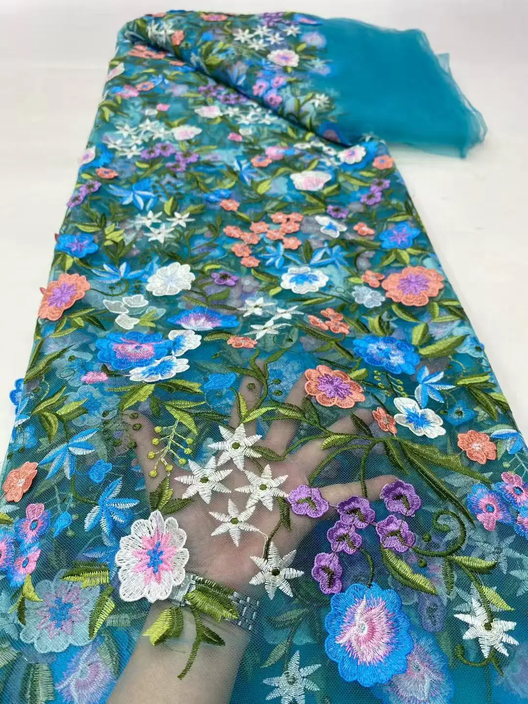Color: DEEP BLUE, Width: 120cm, Length: 5 yards - Purple 3D Flowers French Latest Nigerian Lace Fabrics 2025 High Quality Net African Lace with Beads for Wedding Party 2025