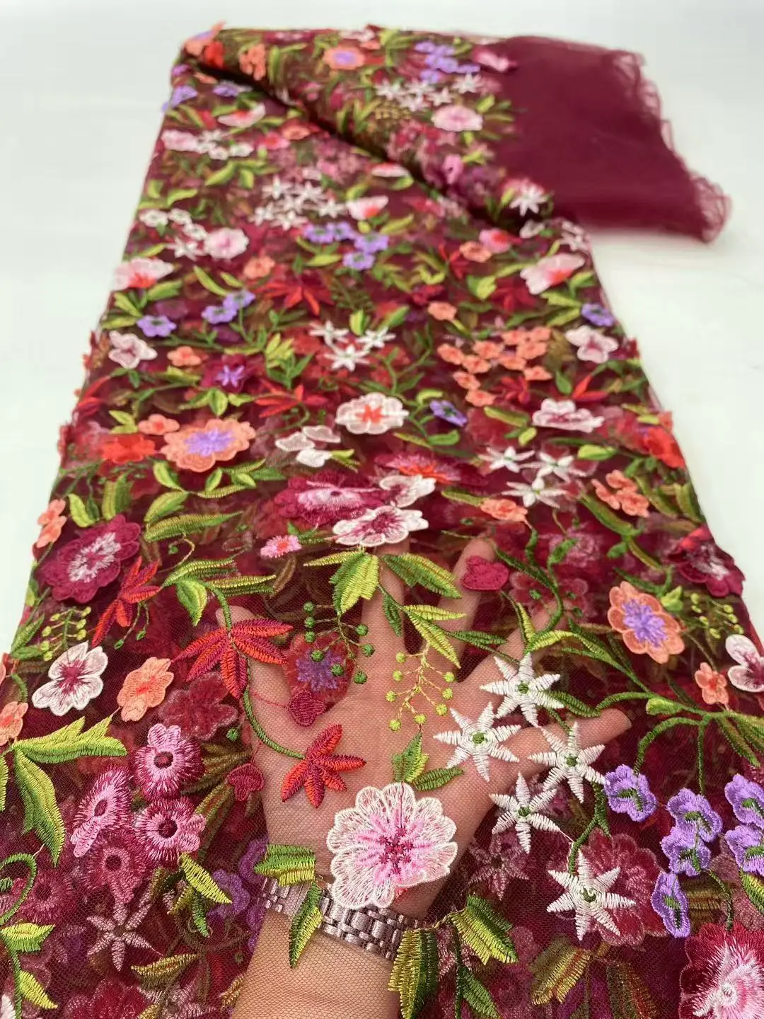 Color: DEEP BLUE, Width: 120cm, Length: 5 yards - Purple 3D Flowers French Latest Nigerian Lace Fabrics 2025 High Quality Net African Lace with Beads for Wedding Party 2025