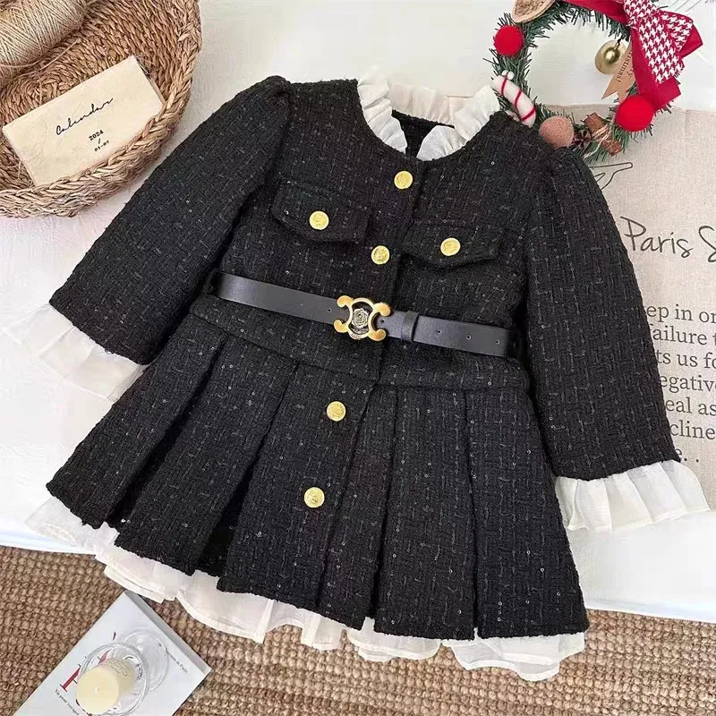 Color: Red, Kid Size: 7T - 2025 Fall Winter Girls' Fleece-Lined Dress Plush Cotton Padded Party Dress Chic Tweed A-Line Outfit Warm Elegant Toddler Gown