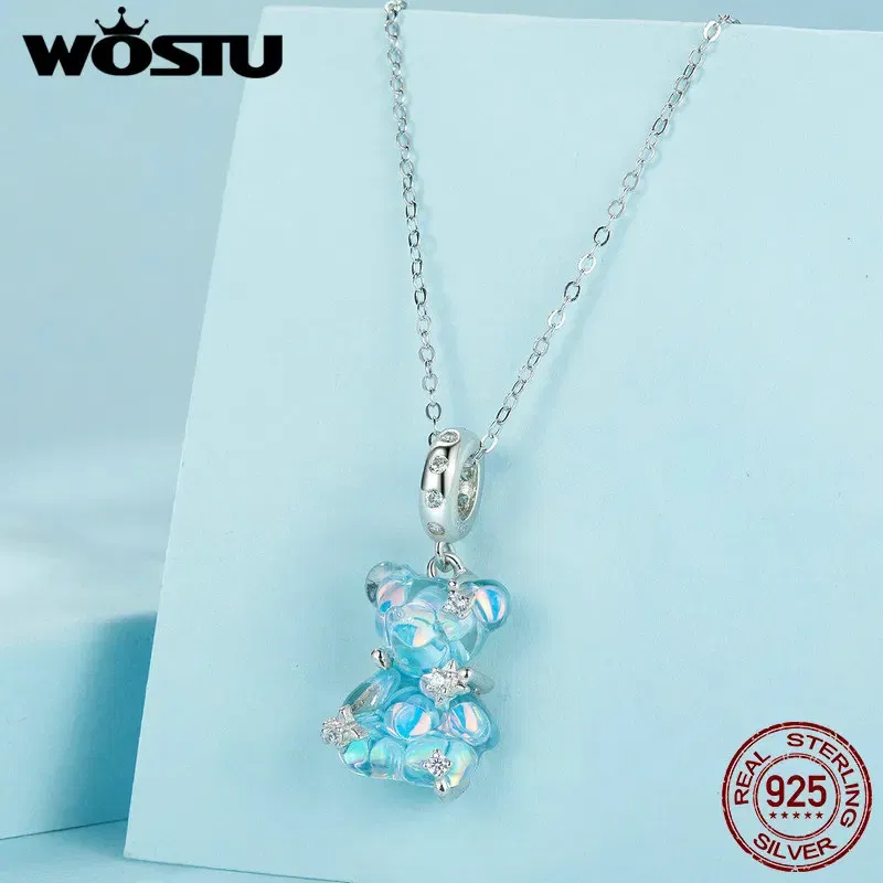 Gem Color: GRAY - WOSTU Real 925 Sterling Silver Princess Pink Bear Bead Blue Rose Red Bears Pendant Charms Fit Bracelet Neckalce DIY Bithday Gift