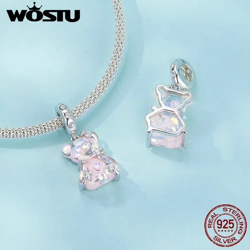 Gem Color: GRAY - WOSTU Real 925 Sterling Silver Princess Pink Bear Bead Blue Rose Red Bears Pendant Charms Fit Bracelet Neckalce DIY Bithday Gift