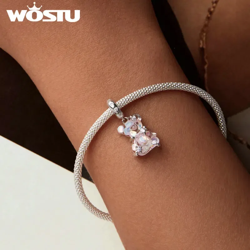 Gem Color: GRAY - WOSTU Real 925 Sterling Silver Princess Pink Bear Bead Blue Rose Red Bears Pendant Charms Fit Bracelet Neckalce DIY Bithday Gift