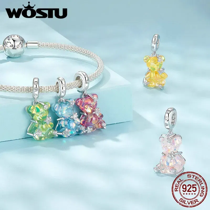 Gem Color: GRAY - WOSTU Real 925 Sterling Silver Princess Pink Bear Bead Blue Rose Red Bears Pendant Charms Fit Bracelet Neckalce DIY Bithday Gift