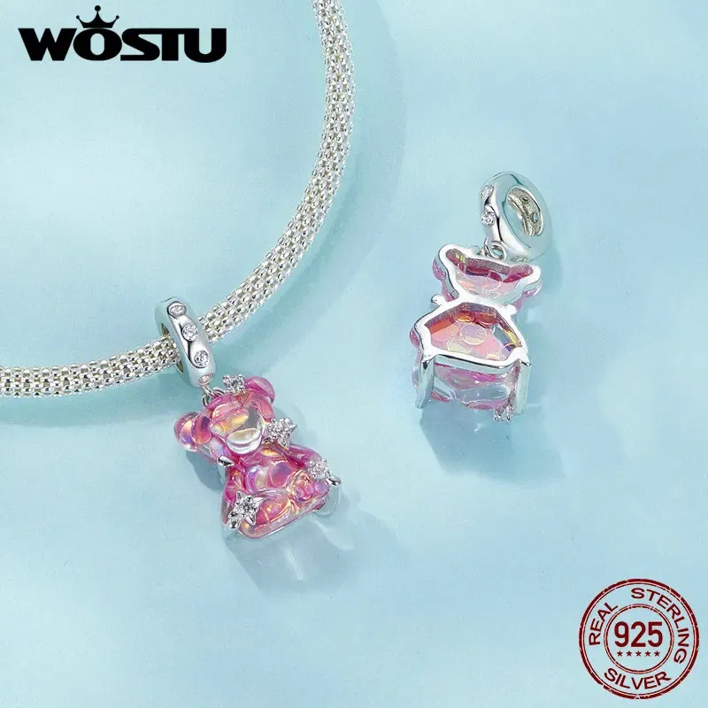 Gem Color: GRAY - WOSTU Real 925 Sterling Silver Princess Pink Bear Bead Blue Rose Red Bears Pendant Charms Fit Bracelet Neckalce DIY Bithday Gift