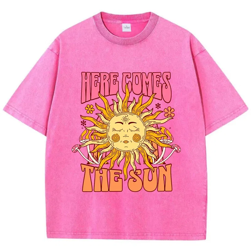 Color: green, Size: XL - Oversize Women's Washed T-Shirt Cotton Here Comes The Sun Prints T Shirts Casual O-Neck Short Sleeve Tops Loose Women's Clothes