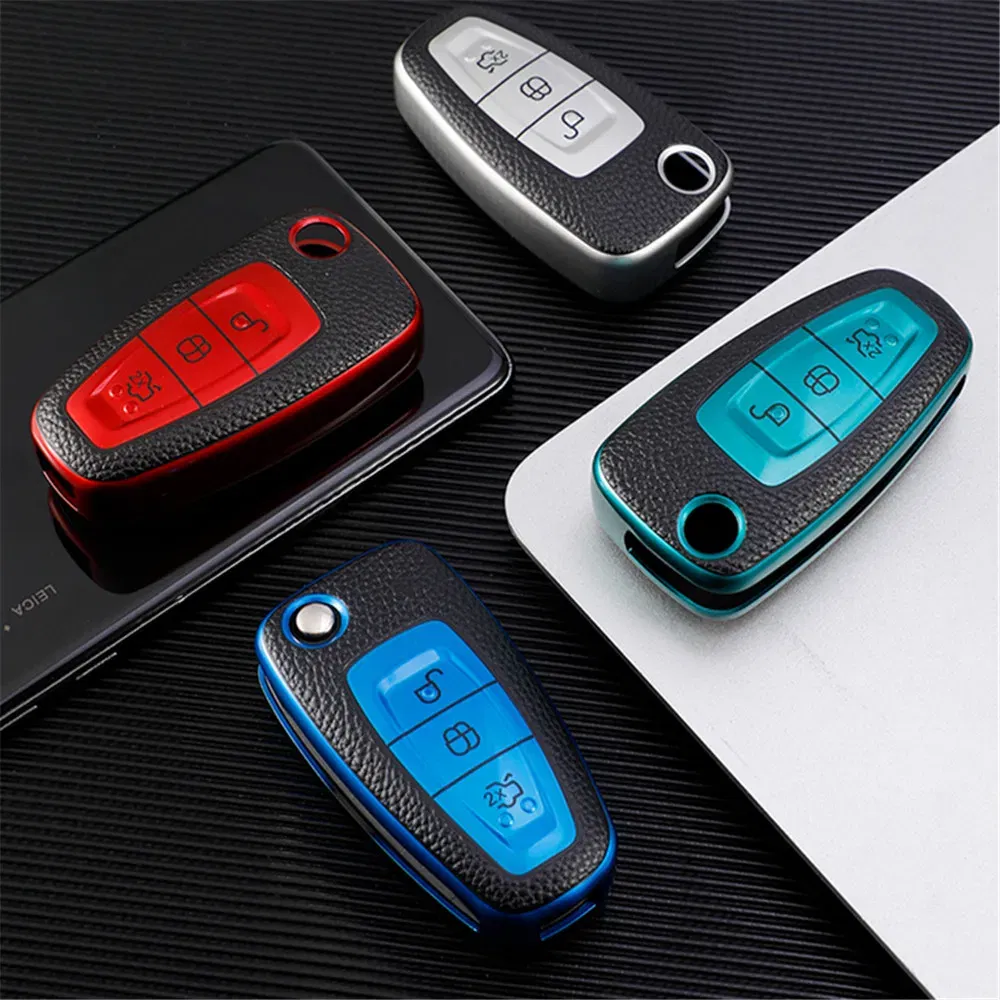 Color Name: Green - Leather TPU Car Key Case Cover for Ford Ranger C-Max S-Max Focus Galaxy Mondeo Transit Tourneo Custom Auto Key Holder Keychain