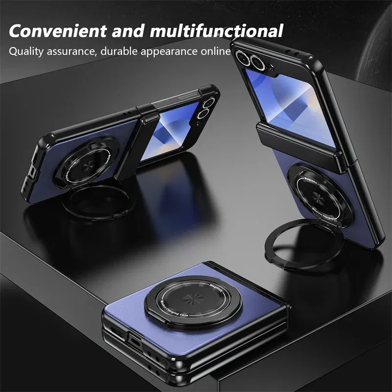 Color: Dark Grey, Material: aluminum - 360?° Magnetic Rotate Holder Ring Phone Case For Samsung Galaxy Z Flip 6 5 4 Flip6 Flip5 Flip4 Flip3 Hard Shell Protection Cover