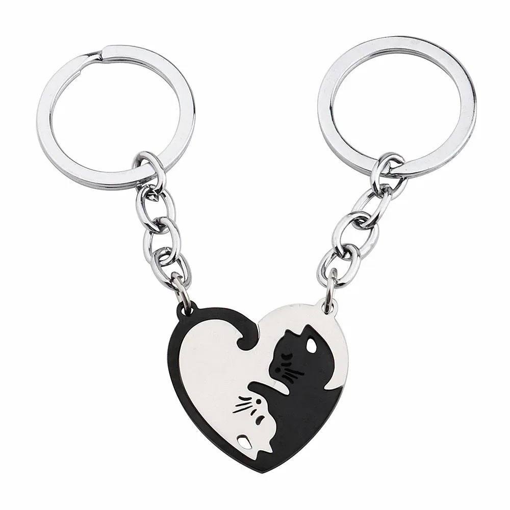 Color: Black and White - Heart-shaped Patchwork Love Cat Keychain Pendant Couple Key Chain Pendant Jewelry European and American Stainless Steel Keychain