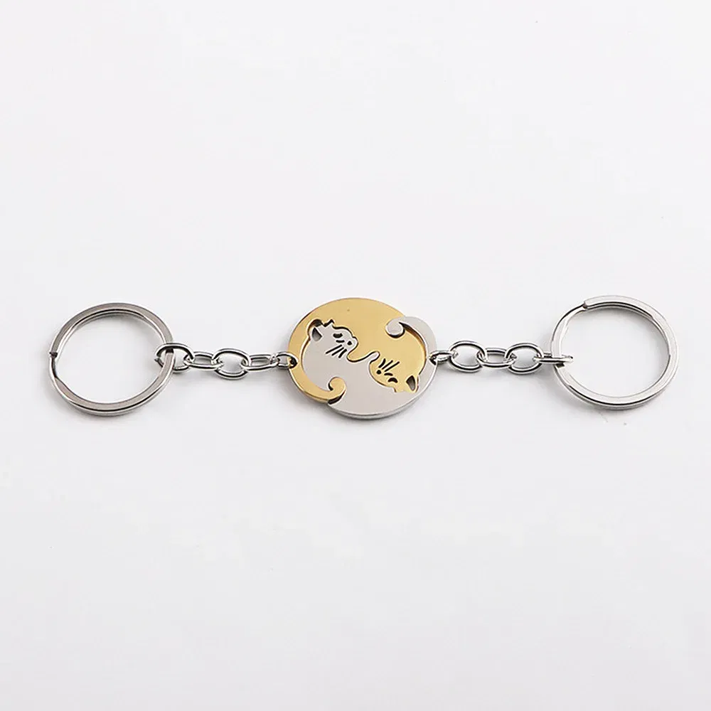 Color: Black and White - Heart-shaped Patchwork Love Cat Keychain Pendant Couple Key Chain Pendant Jewelry European and American Stainless Steel Keychain