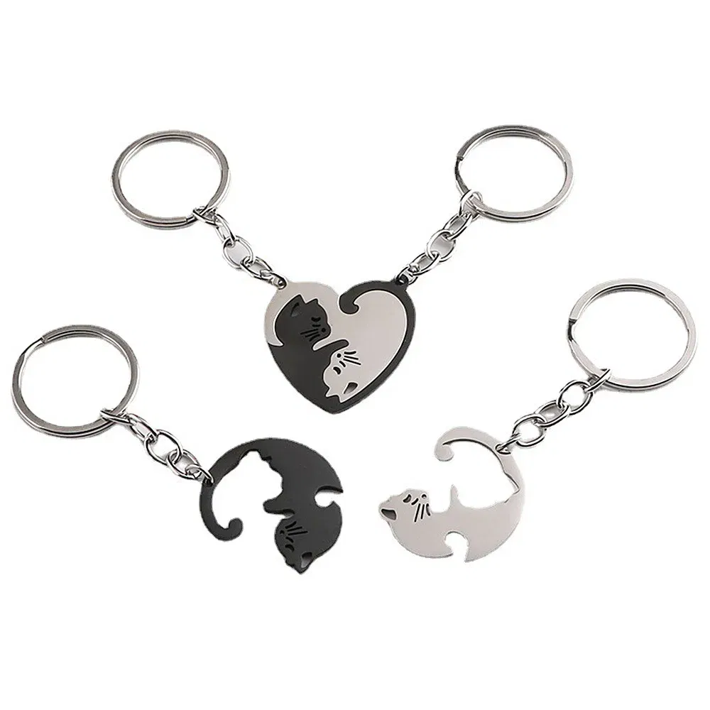 Color: Black and White - Heart-shaped Patchwork Love Cat Keychain Pendant Couple Key Chain Pendant Jewelry European and American Stainless Steel Keychain