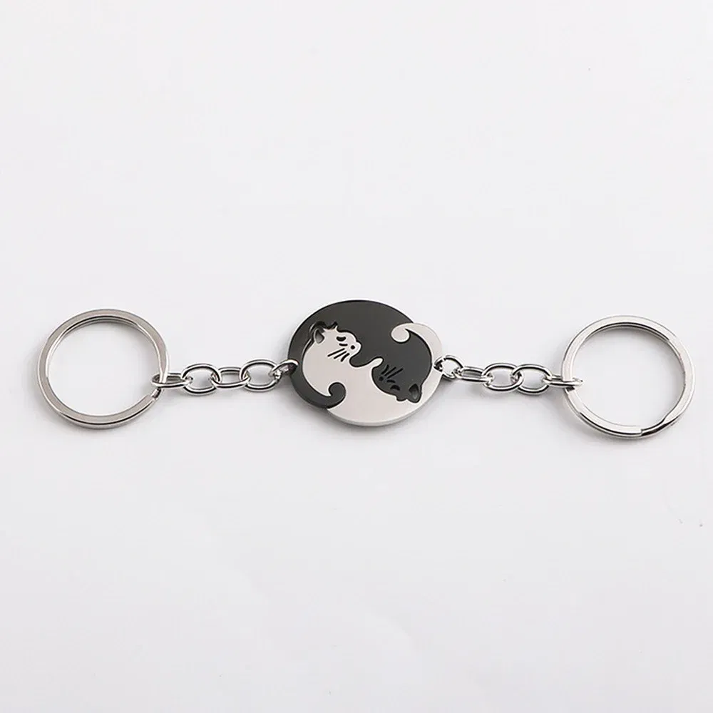 Color: Black and White - Heart-shaped Patchwork Love Cat Keychain Pendant Couple Key Chain Pendant Jewelry European and American Stainless Steel Keychain
