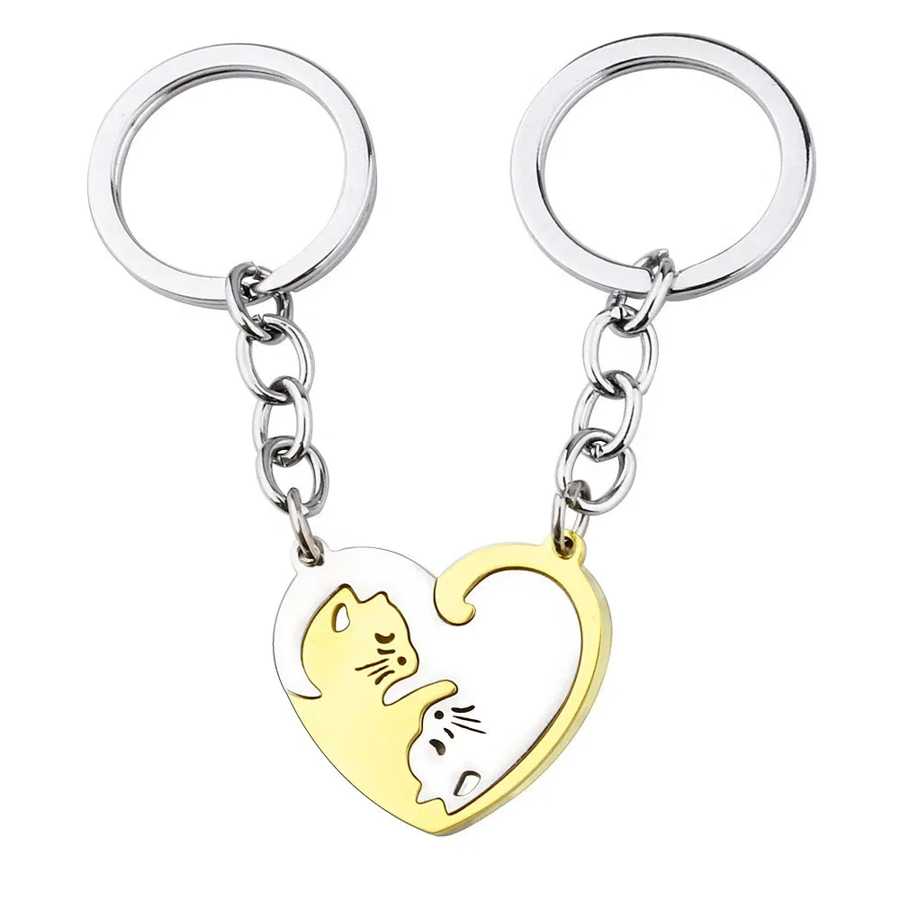 Color: Black and White - Heart-shaped Patchwork Love Cat Keychain Pendant Couple Key Chain Pendant Jewelry European and American Stainless Steel Keychain