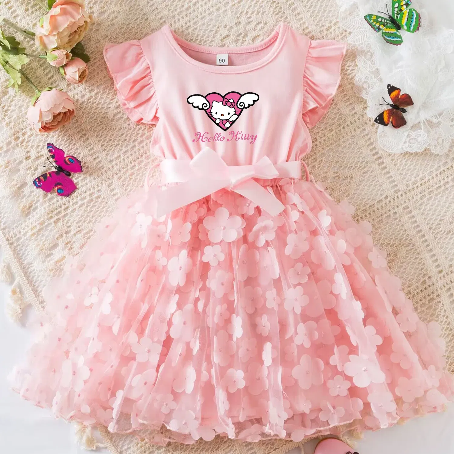 Color: SKY BLUE, Size: XS - Hello Kitty Summer Dress for Kid's Casual Clothes 3D Butterfly Cute Baby Girls Princess Dress Party Dresses 2-6 Yrs