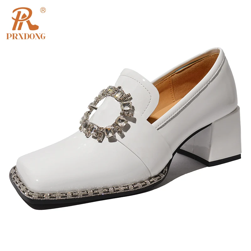 Color: Beige, Shoe Size: 35, Ships From: CHINA - PRXDONG New Arrivals Genuine Leather Spring Summer Women Pumps Square Med Heel Crystal Black White Dress Party Office Lady Shoes