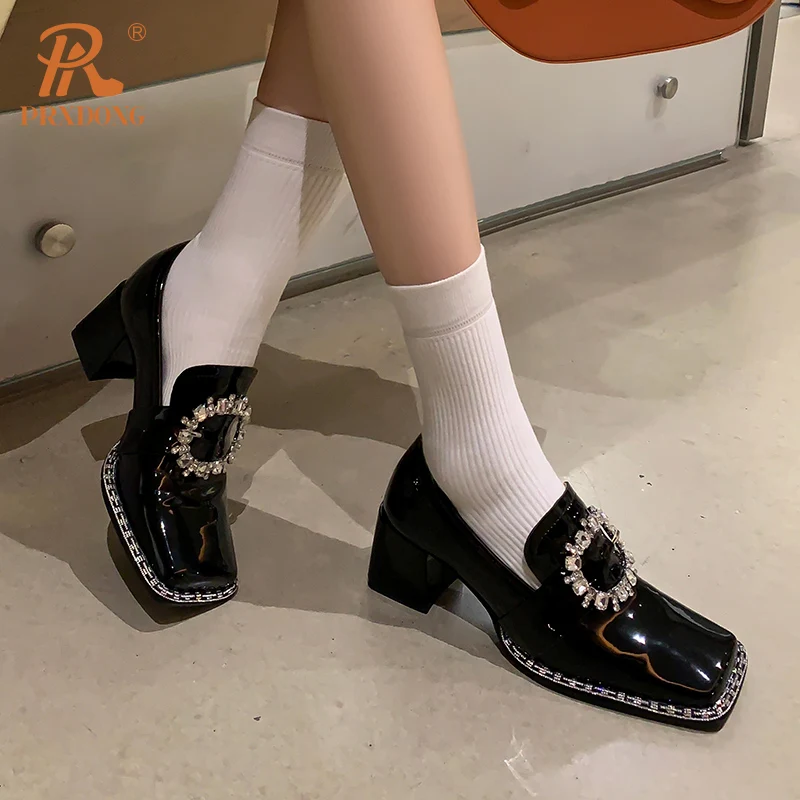 Color: Beige, Shoe Size: 35, Ships From: CHINA - PRXDONG New Arrivals Genuine Leather Spring Summer Women Pumps Square Med Heel Crystal Black White Dress Party Office Lady Shoes