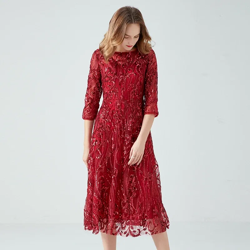 Color: Burgundy, Size: XL - Women's Lace Dress Sequin Evening Dresses Spring and Autumn New Wedding Banquet Broad Wife Fat Plus Size Long Dress Long Red