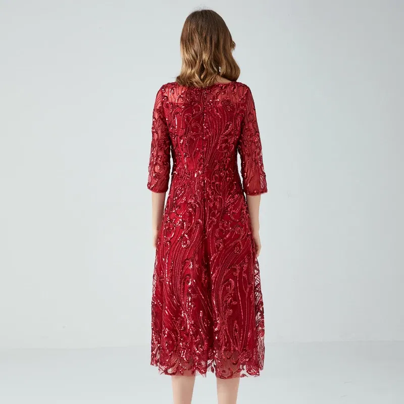Color: Burgundy, Size: XL - Women's Lace Dress Sequin Evening Dresses Spring and Autumn New Wedding Banquet Broad Wife Fat Plus Size Long Dress Long Red