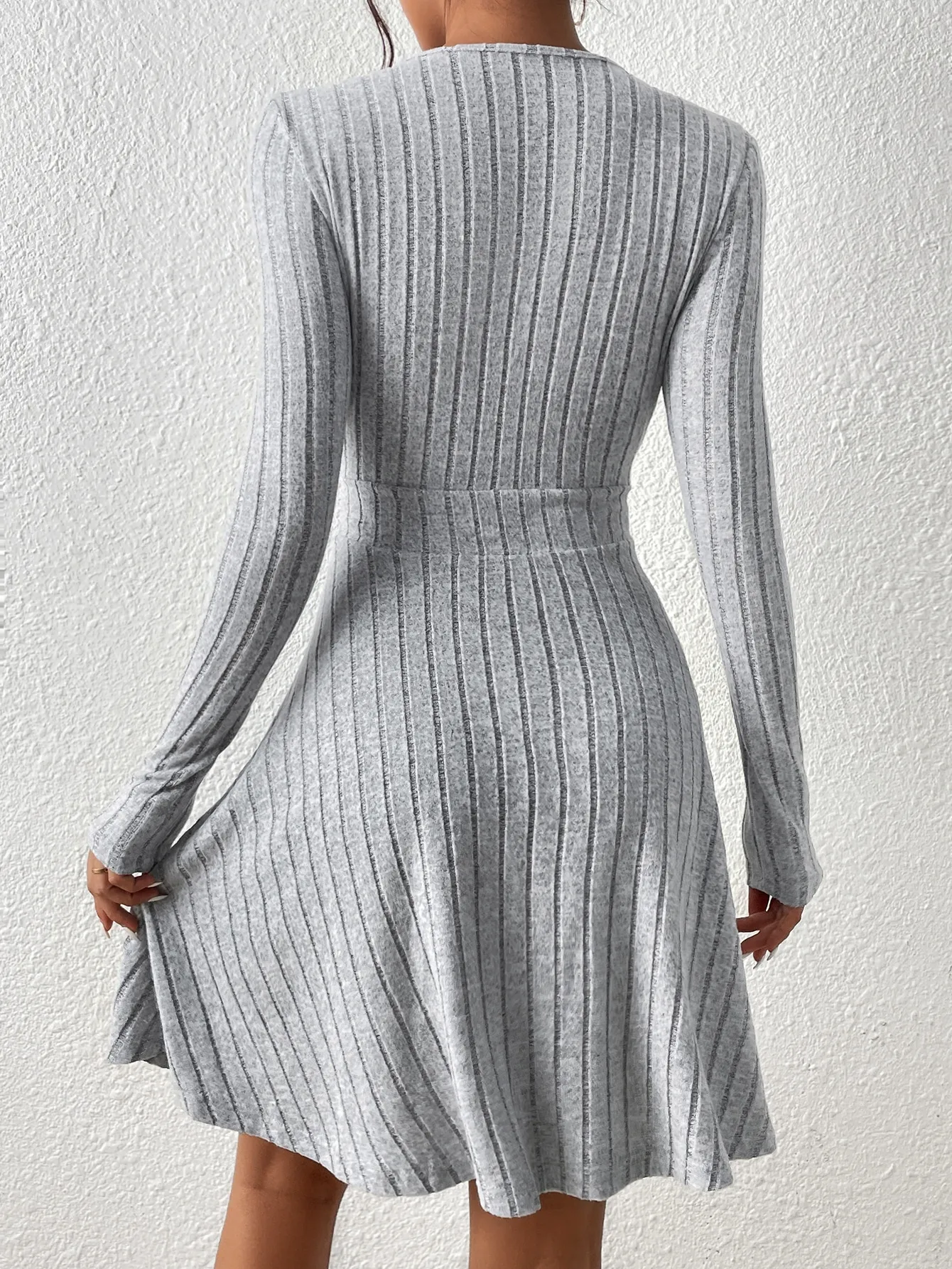 Color: GRAY, Size: L - New for autumn/Winter 2024 Women Knit Slim Sexy Bodycon Dress V-Neck Long Sleeve Dress Solid Casual Midi Sweater Dress