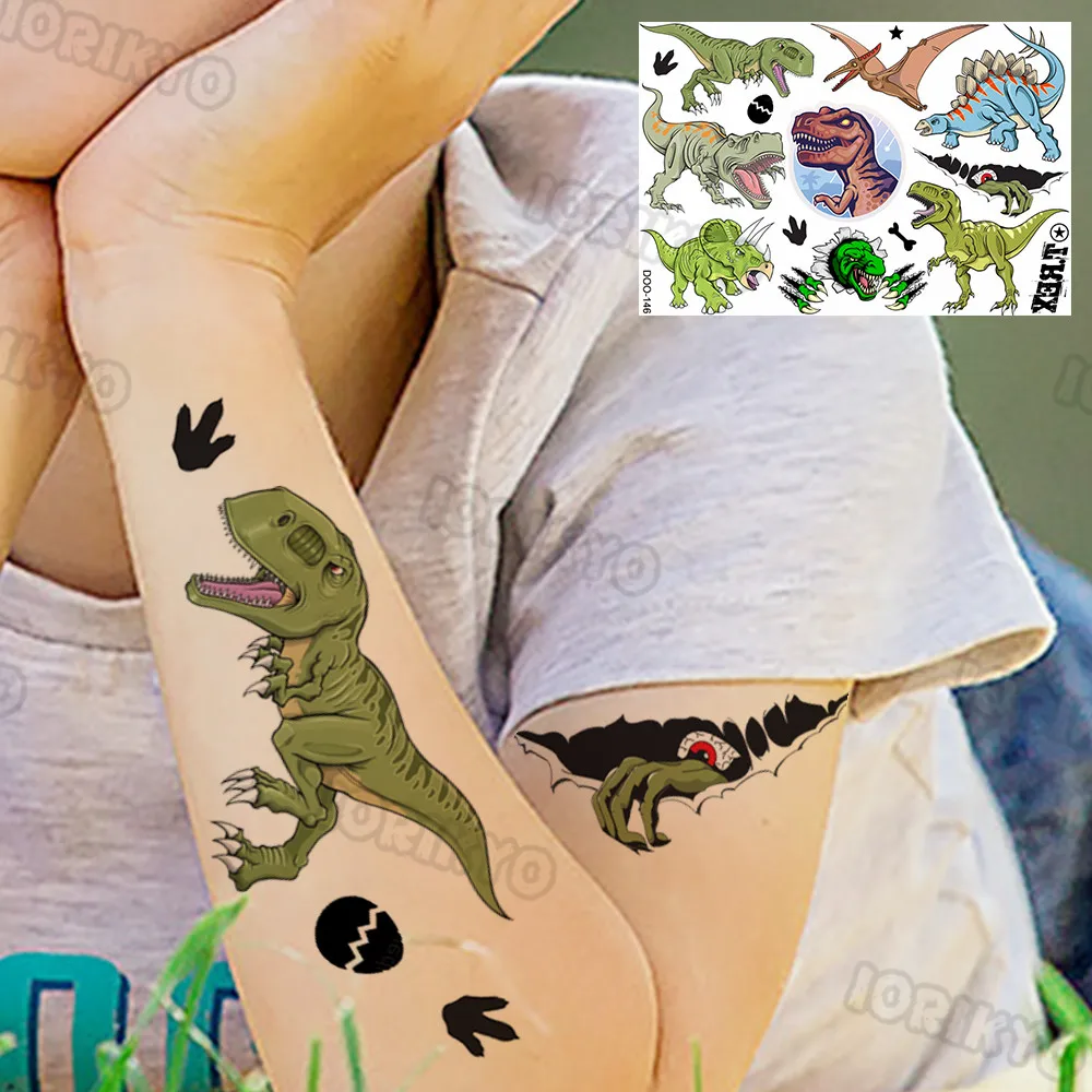 Color: Red - Colorful Dino Temporary Tattoos For Kids Boys Girl Baby Fake Jurassic Dinosaur Tattoo Sticker Small Cute Tatoos Face Hands