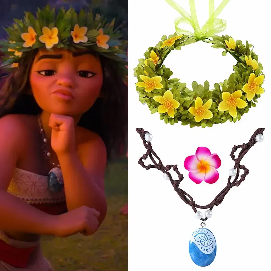 Color: Orange - Lovely Disney Moana 2 Dancing Flower Garland Headdress Kids Adult Hawaii Beach Floral Headgear Princess Vaina Cosplay Accessory