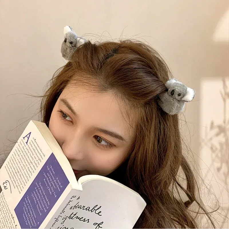 Color: black - 2021 Women Girls Cute Side Bangs Clip Plush Koala Bear Ornament Hair Clips Lady Soft Barrettes Hairpins Female Hair Accessories