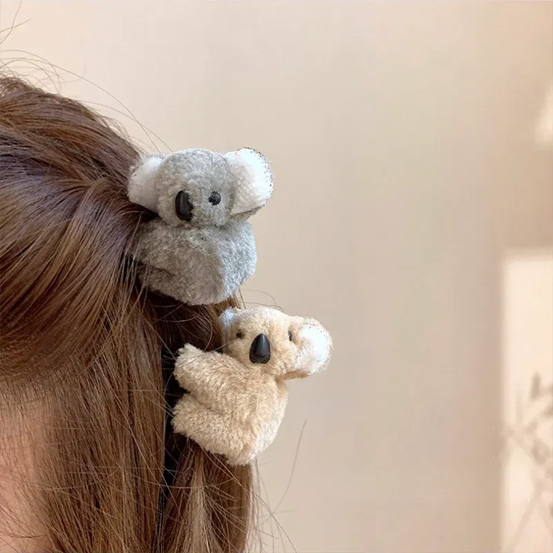 Color: black - 2021 Women Girls Cute Side Bangs Clip Plush Koala Bear Ornament Hair Clips Lady Soft Barrettes Hairpins Female Hair Accessories