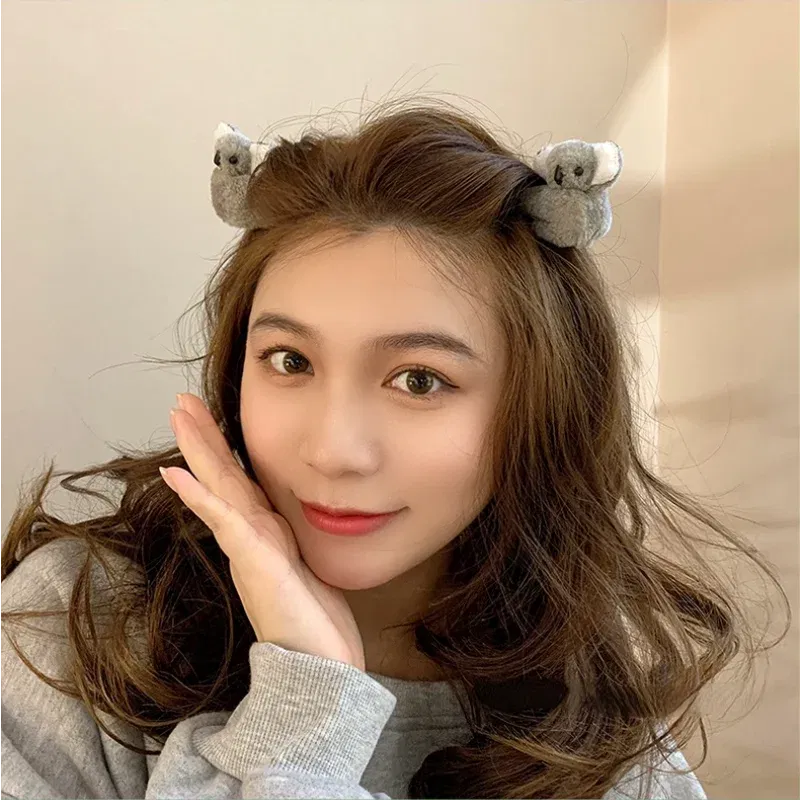 Color: black - 2021 Women Girls Cute Side Bangs Clip Plush Koala Bear Ornament Hair Clips Lady Soft Barrettes Hairpins Female Hair Accessories