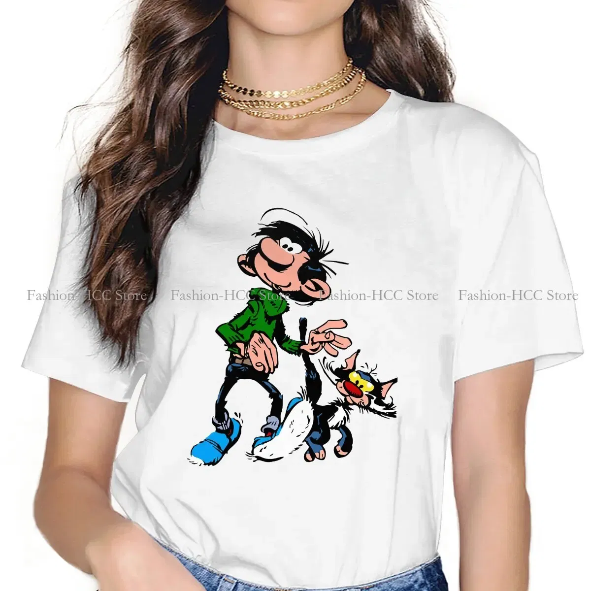 Color: WHITE, Size: M - Gaston Lagaffe Comic Polyester TShirts Cartoon Color Big Ben Walking With Cat Classic Personalize Homme T Shirt Funny Tops