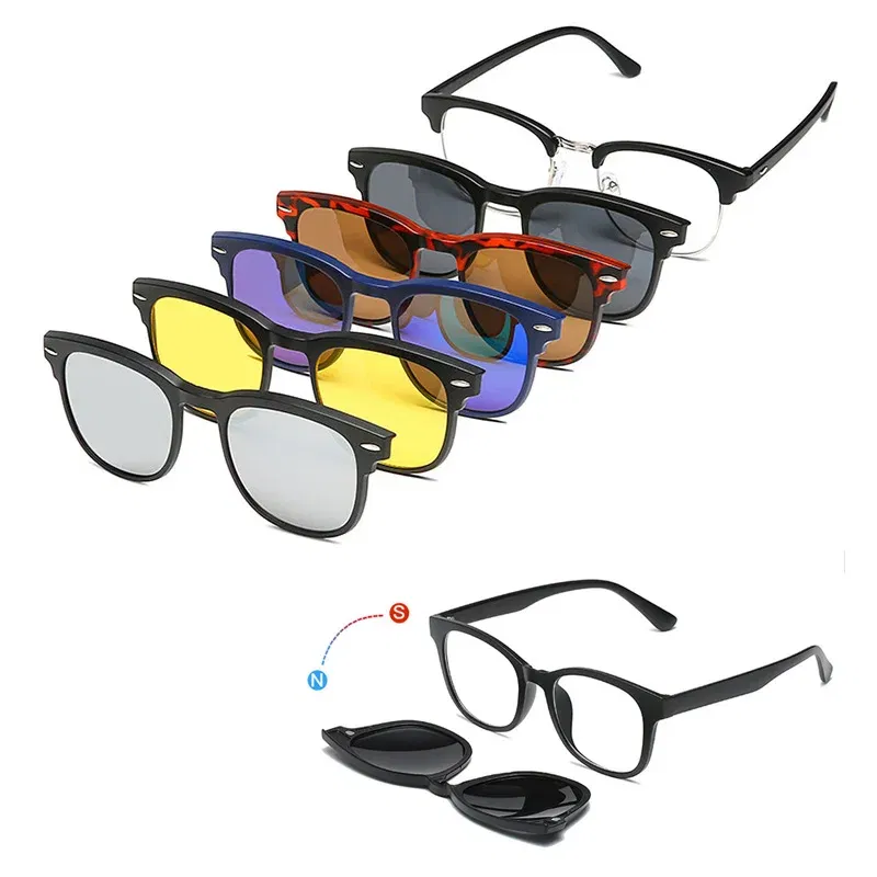 Lenses Color: Navy Blue, Ships From: CHINA, Frame Color: WHITE - 6 In 1 Spectacle Frame Men Women With 5 PCS Clip On Polarized Sunglasses Magnetic Glasses Male Computer Optical 2201