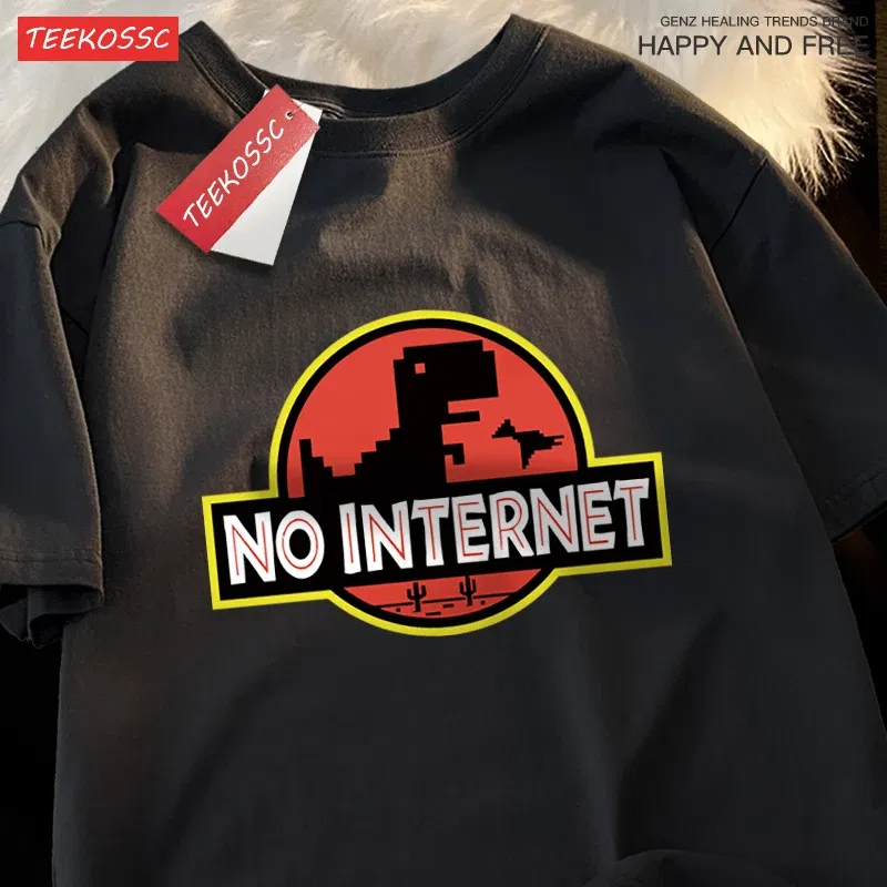 Color: SKY BLUE, Size: XXL - No Internet Fun Little Dinosaur Short Sleeve Mens Cartoons Cotton Tshirt Summer High Quality Clothing Fashion Oversize T-Shirts