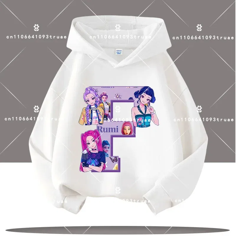 Color: Gold, Kid Size: 8 - K-pop Demon Hunters Letter A-Z 3-12 Year Old Children Hooded Sweatshirt Girls' Casual Shirt Boys' Sports Shirt Cartoon Print