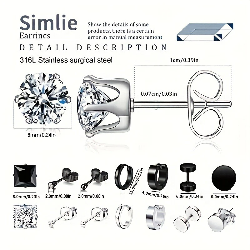 Metal Color: Pure Gold Color - 16pairs Stainless Steel Earrings For Men, CZ Black & Silvery Earrings Huggie Hoop Jewelry Earrings Set