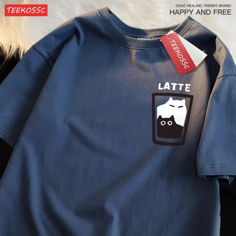 Color: WHITE, Size: XXL - Mocha Latte Couple Outfit Cat Coffee Couple Male T-Shirts Graphic Cool Tee Shirt High-Quality Oversized Tshirt Comfort Soft