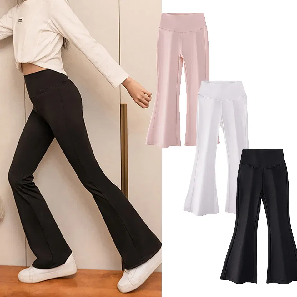 Color: Brown, Size: 90cm - Girls High Waist Flared Pants for Spring and Autumn Kids Fashion Tight Leggings with Stylish Elastic Teenager Bottoms Clothes