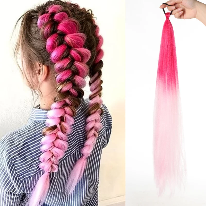 Color: P1B/30, Stretched Length: 26inches - LUPU Synthetic Ponytail Extension with Elastic Tie Hair Band 26" Long Straight Colored Braiding Ponytail Ombre Pink Purple Blue